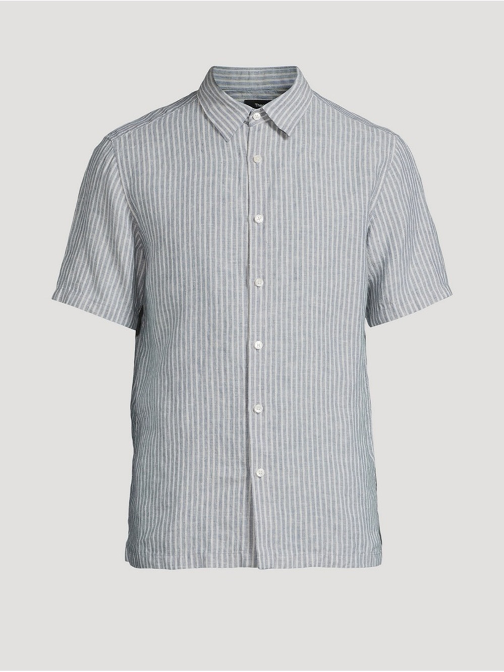 Theory Irving Finely Striped Irish Linen Short Sleeve Shirt Size M